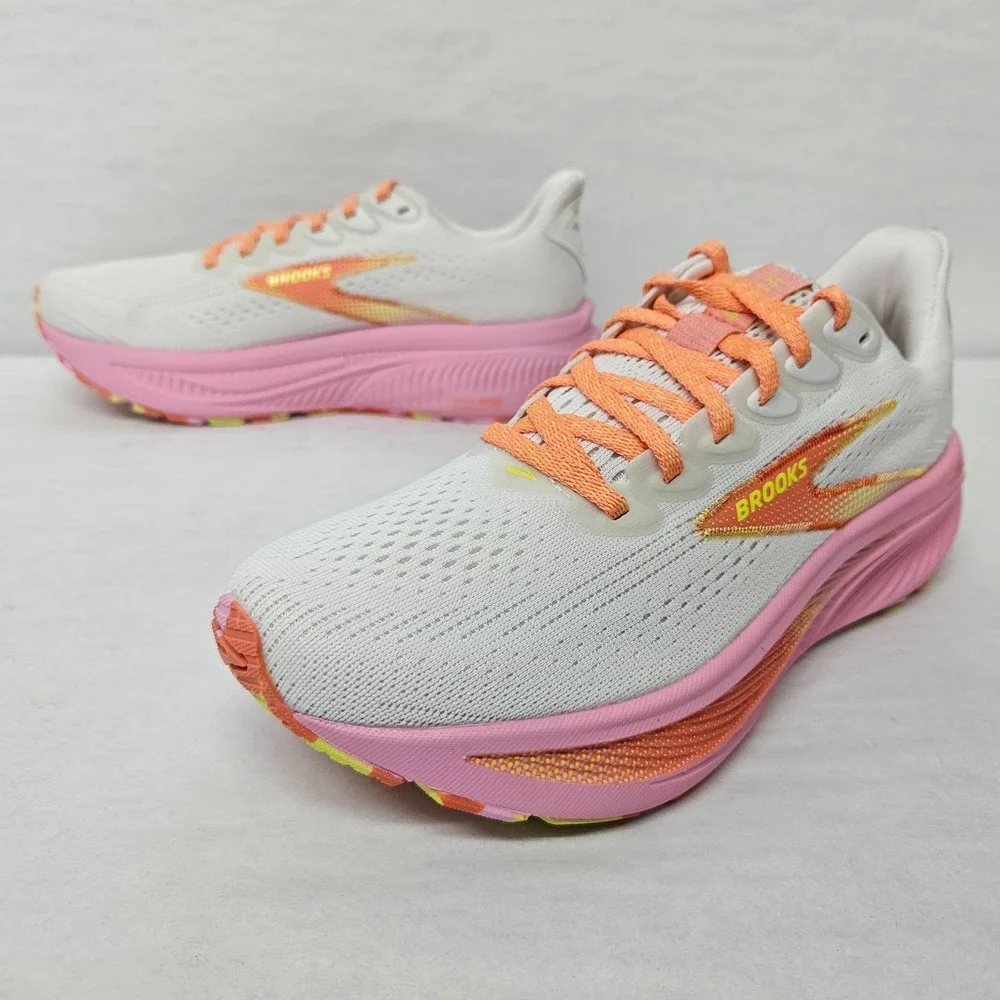 Brooks Women’s White Running Shoes with Pink Midsole and Orange Details